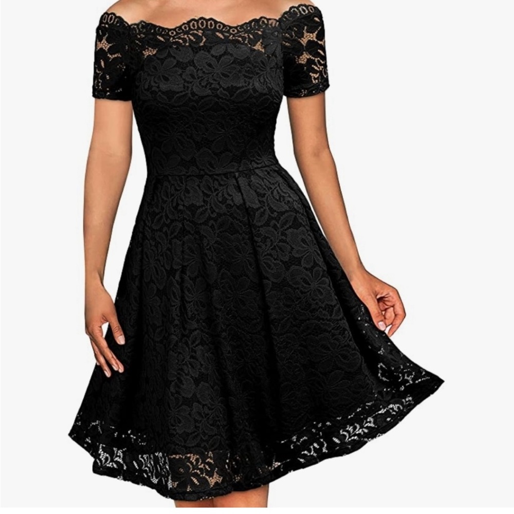 Chic Off-Shoulder Black Lace High-Low Dress